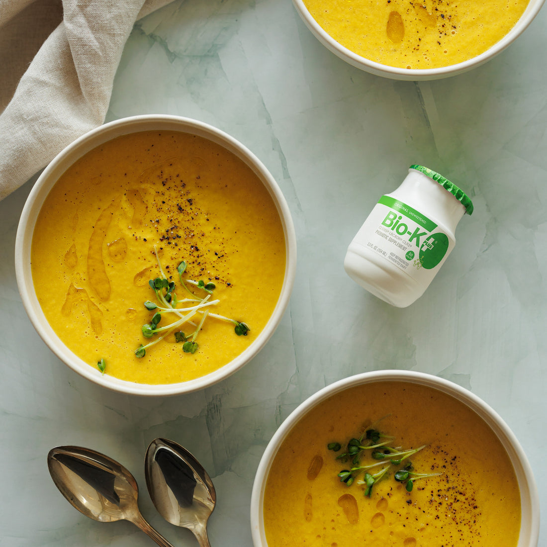 Gazpacho soup with a Bio-K+ bottle
